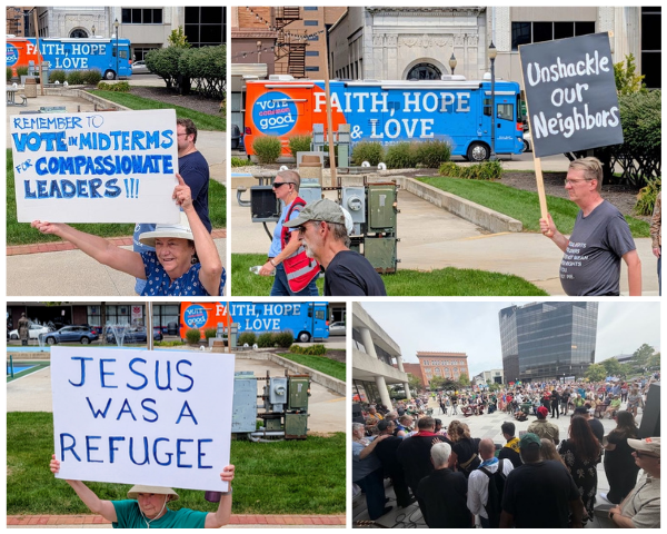 A photo collage from a Vote Common Good rally in Springfield. The images show supporters gathered in front of the blue 